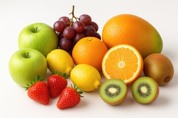 Assortment of fresh fruits displayed on a plain white backdrop