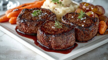 Beef sirloin medallions with perfect sear and caramelized crust served on white rectangular plate with red wine reduction sauce and fresh thyme garnish