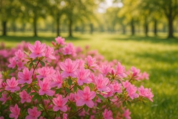 Fototapeta premium Springtime pink azalea blooms in a lush park setting