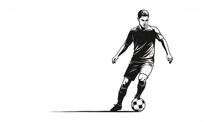 Fototapeta premium Black and White Illustration of a Focused Soccer Player Dribbling the Ball