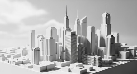 White Architectural Model of City Skyline with Skyscrapers and Urban Layout