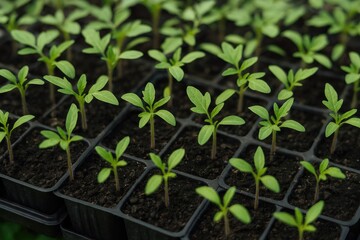 Young plant seedlings stored in drawers with tomato sprouts and fresh agricultural foliage