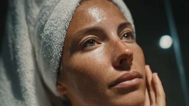 Close-up of a woman with glowing, dewy skin, wrapped in a towel, receiving a facial treatment at a spa or skincare clinic