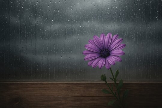 A vibrant purple blossom beside a wooden surface seen through a rain-soaked window - Powered by Adobe