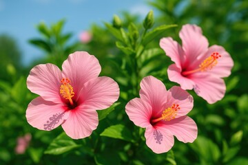 Fototapeta premium Vibrant pink hibiscus blossoms in full bloom
