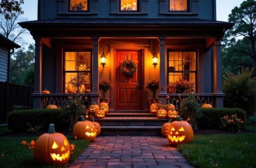 Obraz premium Halloween pumpkins and decorations outside a house