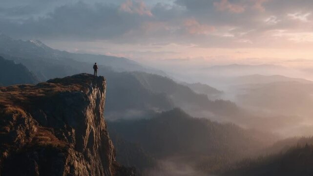 Solo hiker standing on a rugged mountain cliff overlooking a vast mountain range with layered peaks and a dreamy, misty landscape at sunrise or sunset