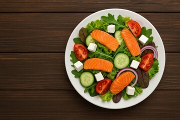 Fresh vegetable and feta cheese salad with salmon slices on a wooden surface, top-down perspective with space for writing