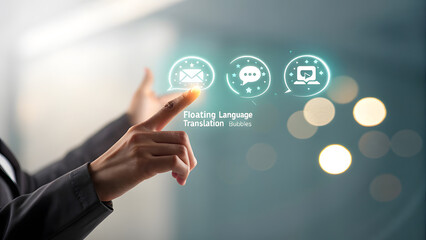 Woman Hand Interacting with Teal Holographic Language Translation Bubbles