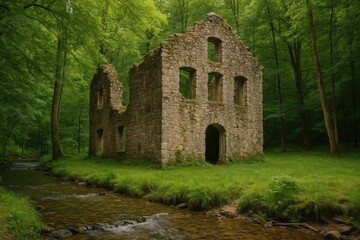 Obraz premium Ancient stone structure remnants hidden within a forest