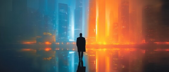 Man standing in front of a vibrant futuristic city