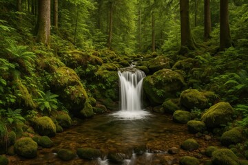 Serene rural waterfall nestled within a lush forest landscape