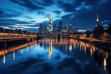 Obraz premium Twilight Skyline of Frankfurt with River Reflection