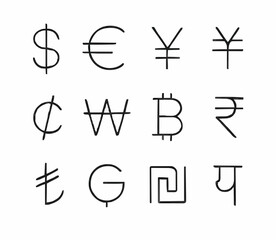 Vector illustration of 12 unique minimalist currency symbols line art icons in a 3×4 grid for financial apps, banking services, fintech branding, global trading websites, and investment-related creati