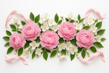 Elegant pink peonies and jasmine blossoms adorned with silk ribbons in a linear floral display on a white background