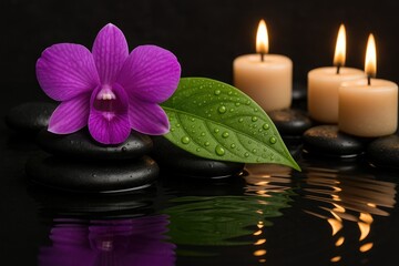 Zen-inspired spa scene featuring purple orchid dendrobium, dewy green leaves, and candles on a black stone reflected in rippling water