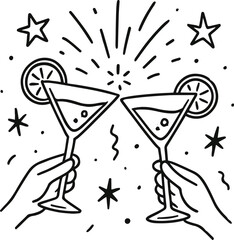 hand drawn cocktail, Doodle Cheers with Martini Glasses and Stars – Celebration Line Art on White Background
