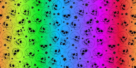 Seamless vector illustration. Human skulls on rainbow gradient background