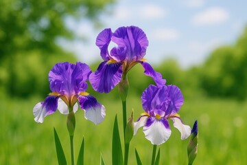 Violet and white iris flowers on a stunning spring afternoon