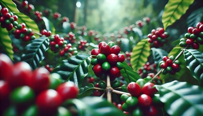 Obraz premium Lush coffee plants with ripe and unripe coffee cherries in a tropical forest setting.