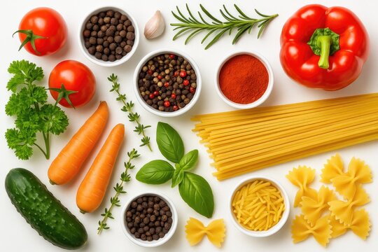 Assorted spices, pasta, vegetables, and herbs on a white background from a top-down perspective - Powered by Adobe