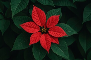 Obraz premium Winter decorative arrangement featuring a vibrant red flower and green leaves with a distinctive texture