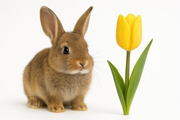 Obraz premium A bunny alongside a bright yellow tulip on a plain white backdrop