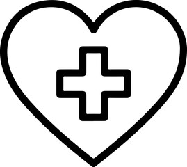 Simple black outline heart with a medical cross inside on white background