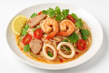 Fiery noodle dish with pork and seafood on a plain white backdrop