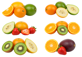 Isolated Transparent Fruit Grouping Featuring Orange Kiwi and Strawberry
