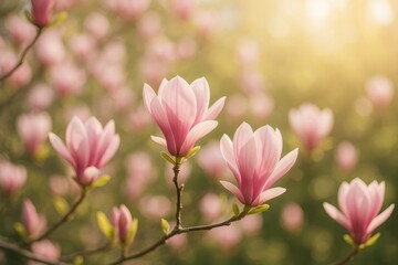 Springtime romantic scene featuring blooming magnolia flowers in soft pink hues under sunny skies