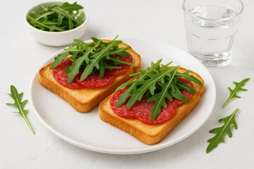 Crispy toast slices topped with salami and fresh arugula