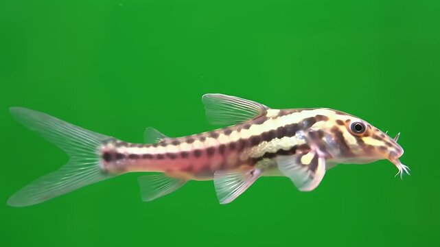 Vibrant Striped Freshwater Loach Fish Portrait Against Green Background. Detailed view of a banded aquarium fish with distinctive patterns and redd...