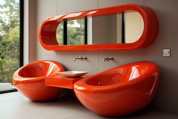Superb photo showcases a modern bathroom featuring a round mirror and a sleek sink