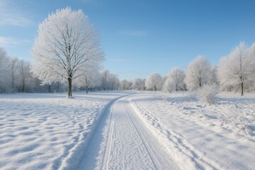 Fototapeta premium Winter Adventure: Exploring a Frosty Wilderness with Snow-covered Paths