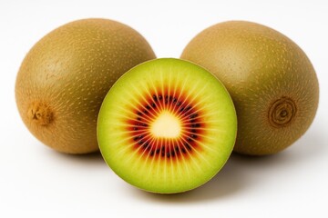 Vibrant red kiwi slice displayed against a plain white backdrop