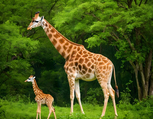 Obraz premium A giraffe with her baby in a beautiful green forest. giraffe in the green trees.