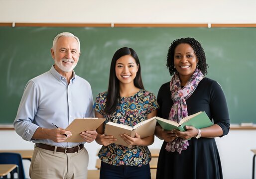 Diverse group of teachers smiling in classroom with chalkboard