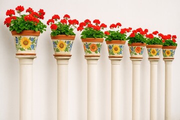 Elegant row of narrow columns adorned with flower pots on a scenic coastal town