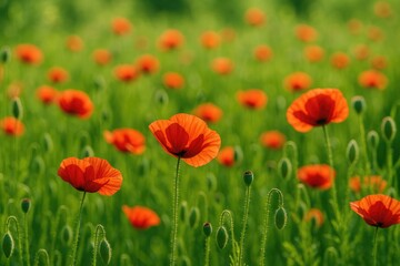 Fototapeta premium Bright red poppy meadow under a clear sunny sky on lush green terrain