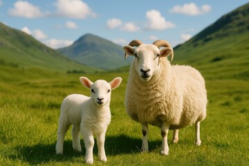 Lamb and its offspring grazing in the mountainous region