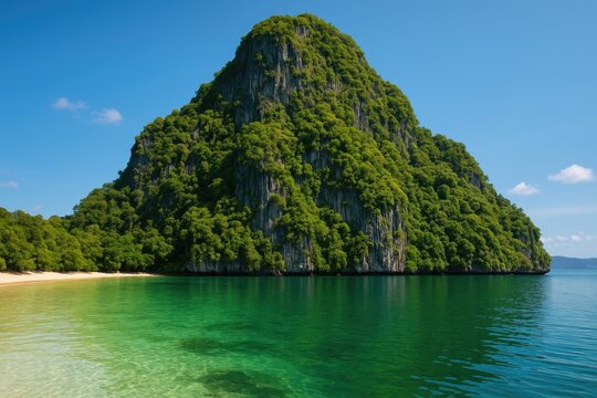 Lush greenery cloaks a limestone peak with reflections and shadows, towering above pristine emerald waters in a tranquil bay - Powered by Adobe