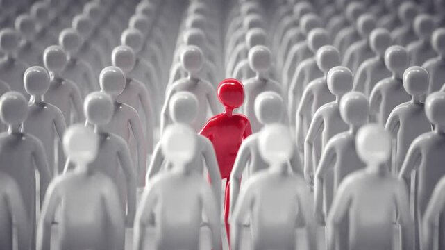 3D render of a red figure standing out in a crowd of white figures, representing leadership, individuality, innovation, and uniqueness. Ideal for concepts of motivation, success, marketing strategy, 