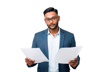 Confident business professional analyzing documents on transparent background, PNG