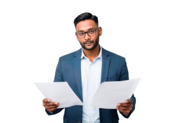 Confident business professional analyzing documents on transparent background, PNG