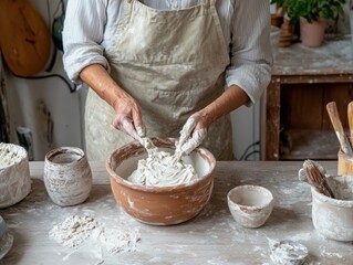 Senior woman mixing clay in artisan workshop during daytime