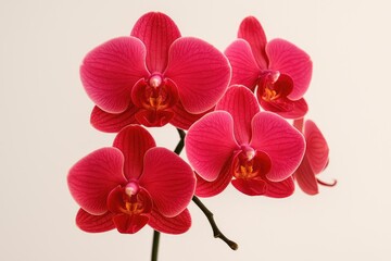 Close-up of a vibrant pink and red peloric orchid in bloom against a plain backdrop