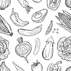 Vegetables seamless pattern design with beet root, cucumber, carrot, corn, eggplant in black brush stroke texture isolated on white. Hand drawn vector sketch illustration in vintage charcoal ink