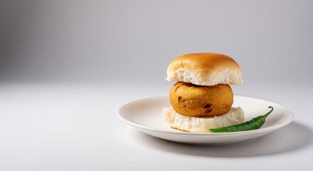 Indian vada pav sandwich on white plate with green chili