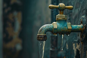 Water flowing and dripping from an old faucet, highlighting the importance of water conservation